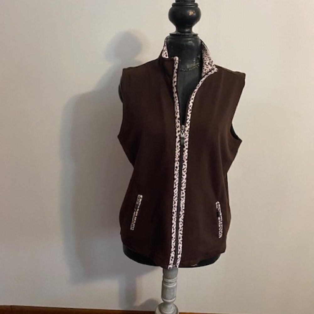 Allison Daley Brown Animal print trim sleeveless front zip vest, size MP